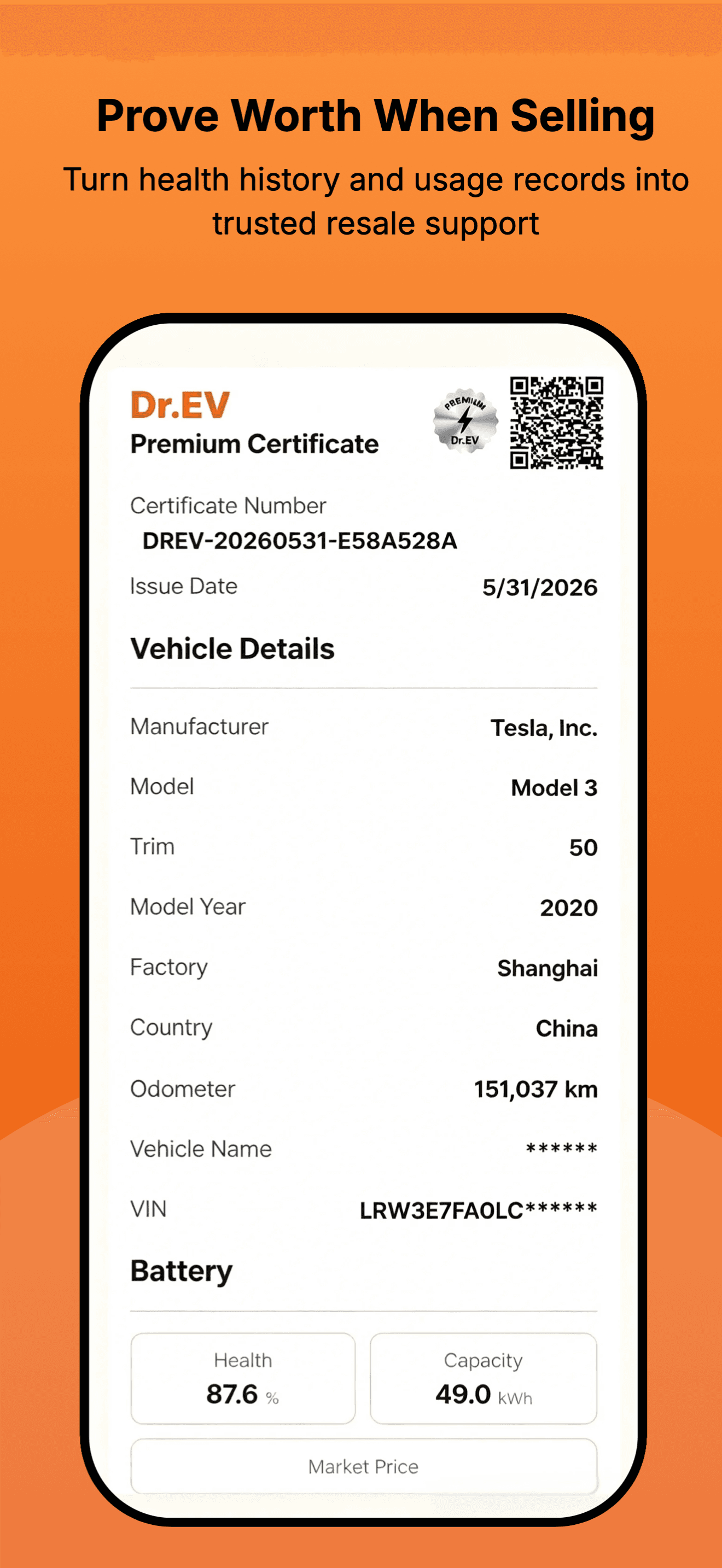 Prove battery value with a premium resale certificate