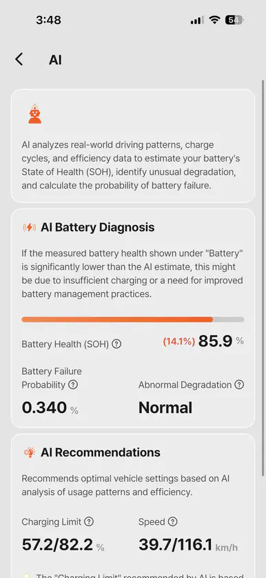 Battery health analysis screen